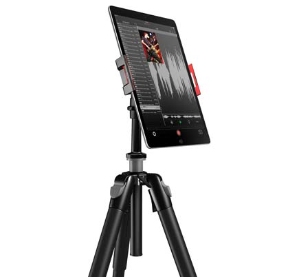 Front view of IK Multimedia iKlip 3 Video with tablet mounted to tripod