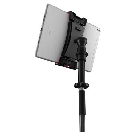 Rear view of IK Multimedia iKlip 3 Video with tablet mounted in landscape mode to tripod
