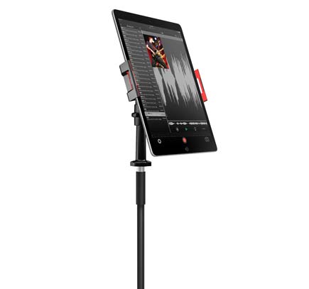 Front view of IK Multimedia iKlip 3 Video with tablet mounted in portrait mode to tripod