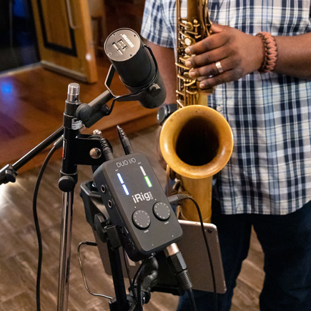  Saxaphone player using the IK Multimedia iRig Pro Duo