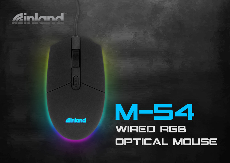 Inland M-54 wired RGB optical mouse top down image lit up