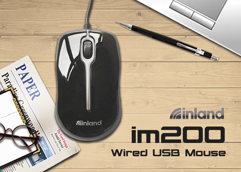 Top down view of the Inland im200 wired USB mouse
