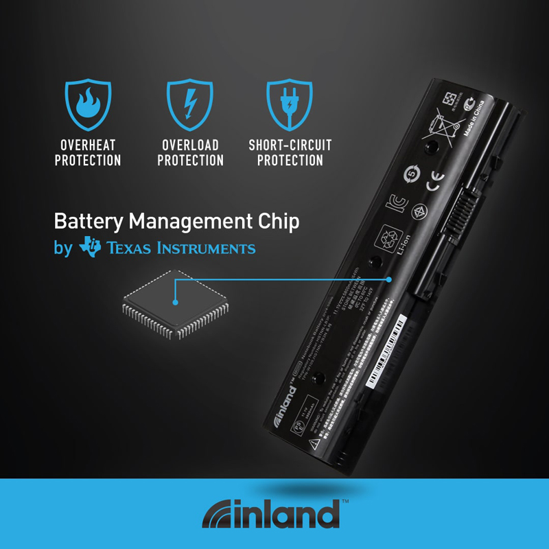 Overheat protection. Overload protection. Short circuit protection. Battery management chip by Texas Instruments.