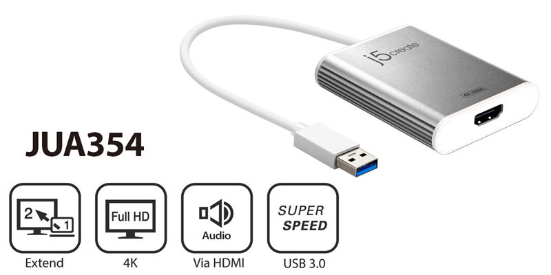 j5create JUA354 video adapter with extend, 4K, audio via HDMI, and USB 3.0