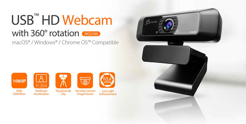 j5create USB HD WebCam with 360 degree rotation. Mac OS, Windows, Chrome OS compatible.