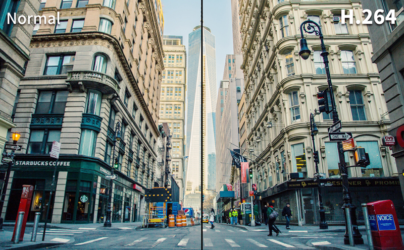 Side by side images of a cityscape, one with normal image coding the other with advanced H.264 video coding