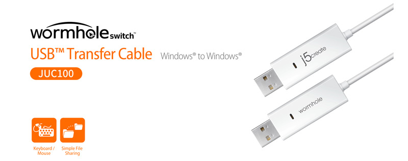 j5create USB 2.0 Male Wormhole Switch Transfer Cable. Windows to Windows. JUC100 Keyboard/mouse. Simple file sharing.