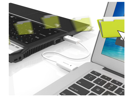 Two laptops connected via the j5create USB 2.0 Male Wormhole Switch Transfer Cable sharing files