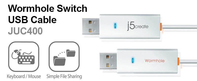 j5create JUC400 Wormhole Switch USB Cable shown with graphics for keyboard/mouse and simple file sharing