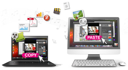Laptop with graphics of film, charts, photos being copied and pasted to a near by desktop