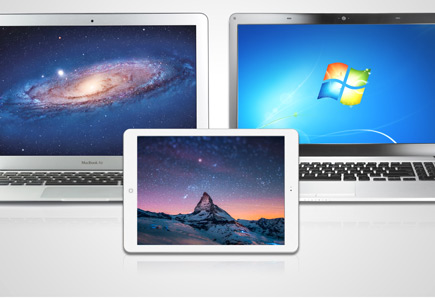 Image of a Mac, a Windows PC, and an iPad