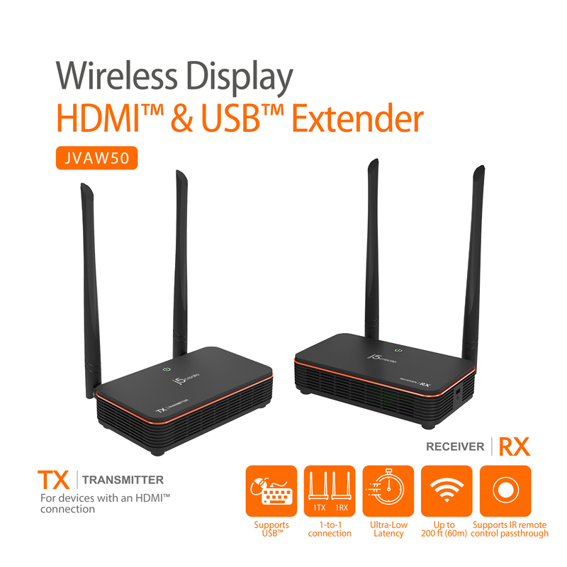 Wireless Display HDMI and USB Extender. JVAW50. TX Transmitter for devices with an HDMI connection. Receiver RX.Supports USB, 1 to 1 connection, ultra low latency, up to 200 ft. Supports IR remote control passthrough.