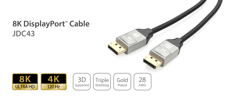 j5create DisplayPort Cable JDC43 8K Ultra HD, 4K 120Hz, 3D Support, Triple Shielding, Gold plated, 28 AWG.