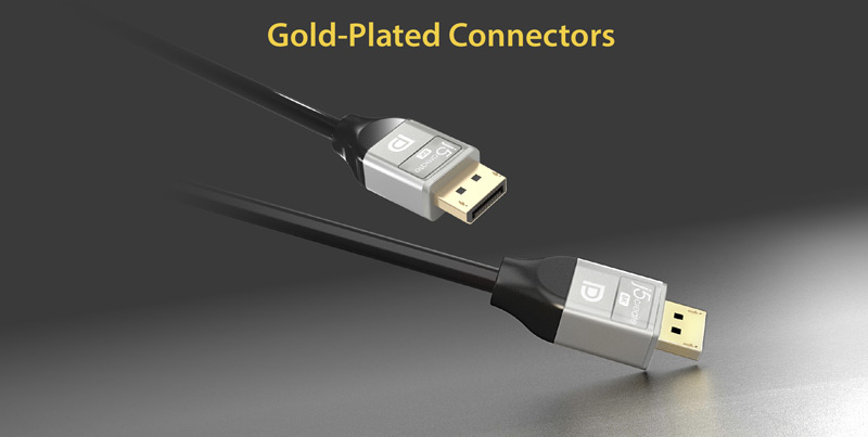 Closeup of j5create DisplayPort Cable JDC43 8K cable end closeup gold-plated ends