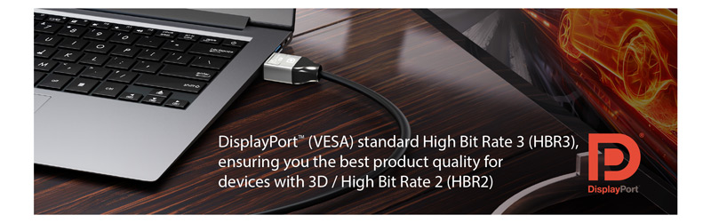 j5create DisplayPort Cable JDC43 8K Cable attached to a laptop.