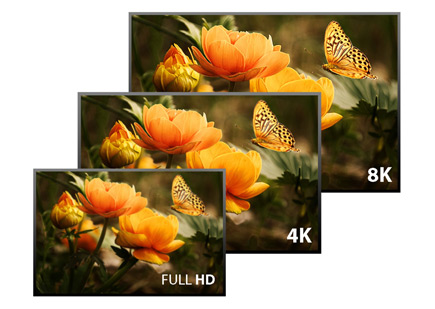 Multiple displays showing 8K, 4K, Full HD
