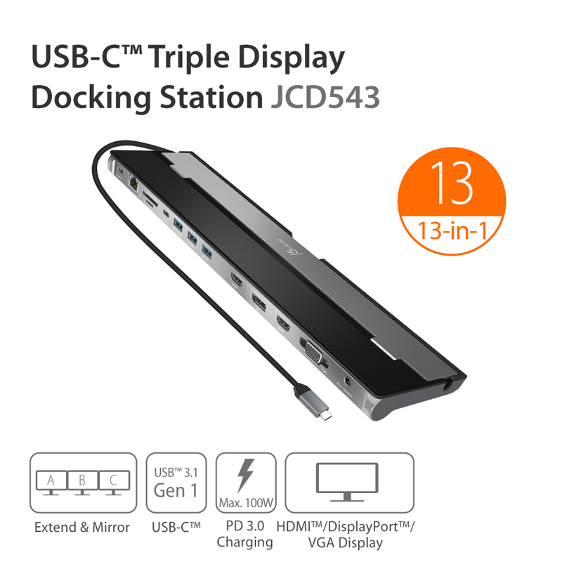 j5create JCD543 USB-C Triple Display Docking Station. 13 in one. Extend and mirror, USB C, PD 3.0 charging, HDMI Display Port VGA Display.