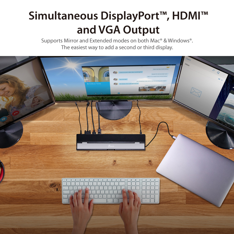 Simultaneous DisplayPort, HDMI, and VGA Output. Supports mirro and extended modes on both Mac and Windows. The easiest way to addd a second or third display.
