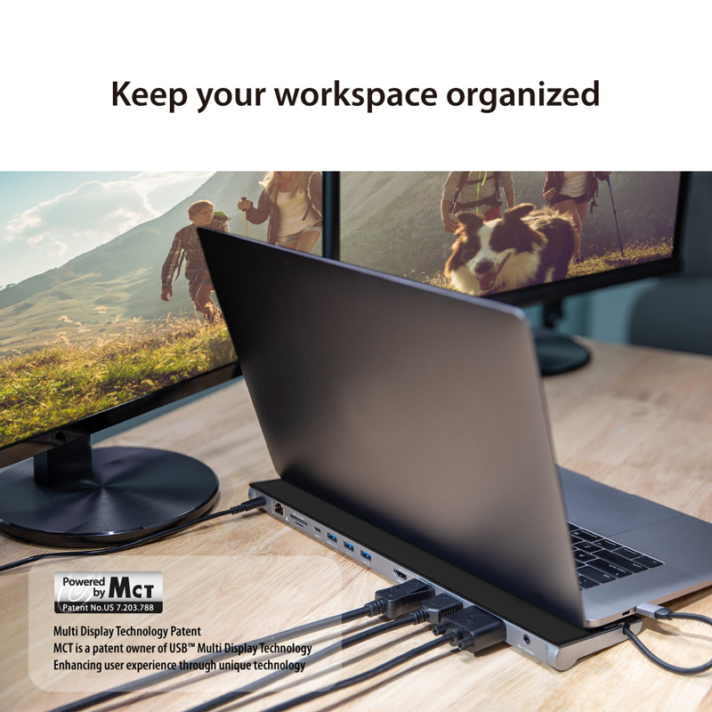 Keep your workspace organized. Image of a laptop connected to the j5create JCD543 USB-C Triple Display Docking Station. 