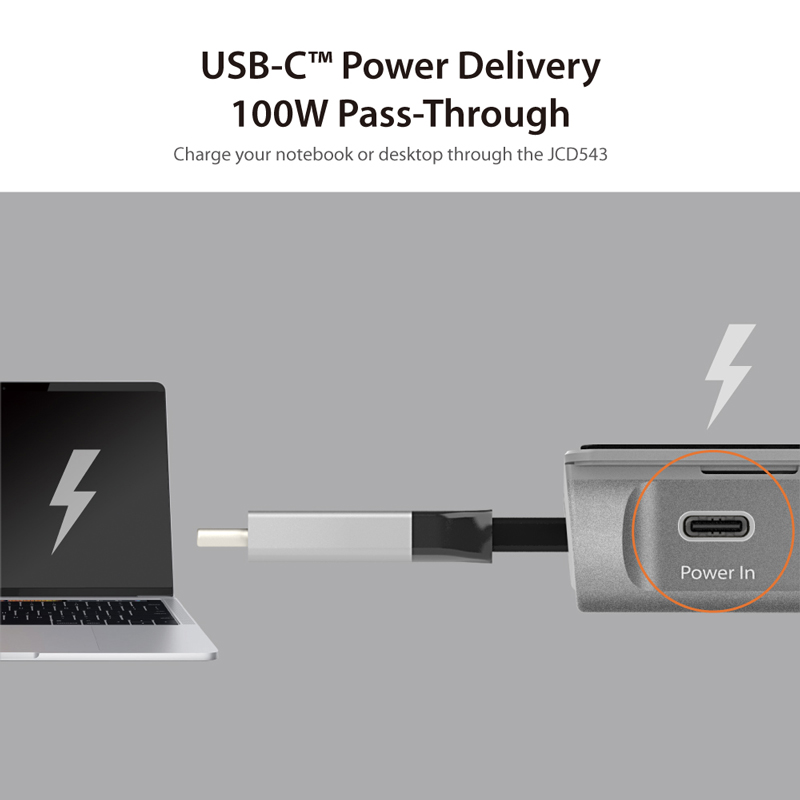USB C Poer delivery 100W Pass through. Charge your notebook or deskotp through the JCD543.