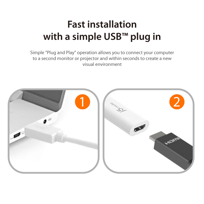 Fast installation wtih a simple USB plug in. Connect your computer to a second monitor or projector within seconds to create a new visual environment.