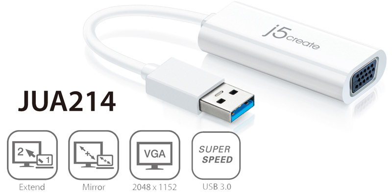 j5create JUA214 adapter with extended and mirror displays 20148 x 1152 VGA and USB 3.0