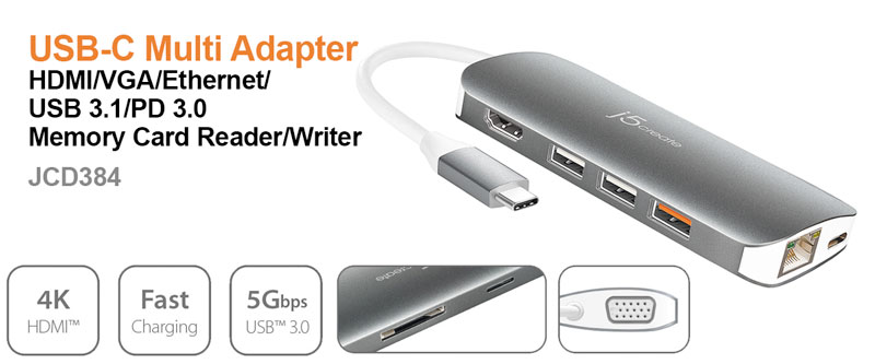 j5create USB-C Multi Adapter: HDMI/VGA/Ethernet/USB 3.1/PD 3.0 Memory Card Reader/WRiter JCD384 - White 