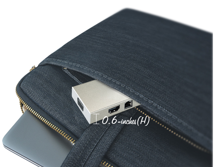 j5create JCD376 USB 3.1 Mini Dock being slipped into a small denim pouch