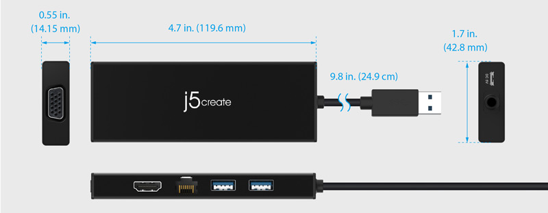 j5create Mini Dock with measurements called out