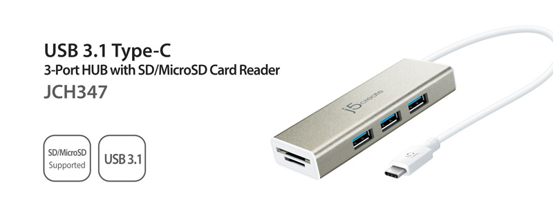 USB 3.1 Type-C 3-port hub with SD/MicroSD card reader. JCH347