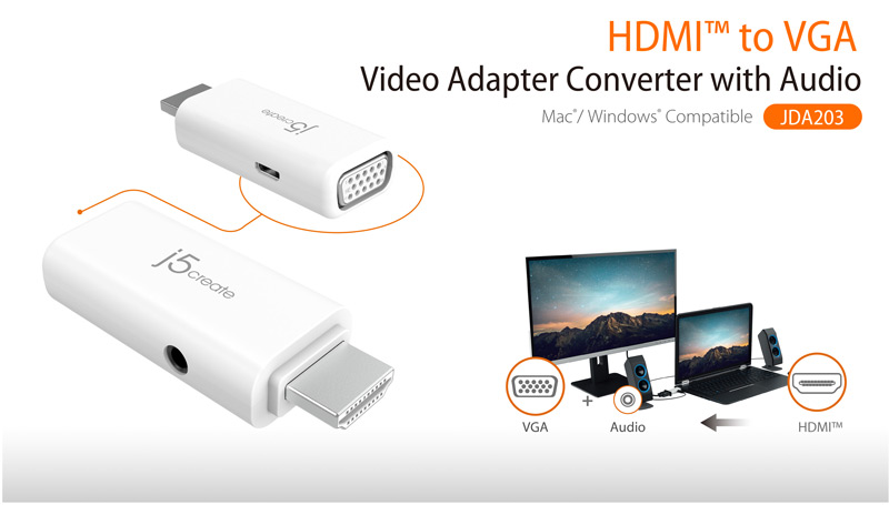 j5create HDMI to VGA Video Adapter Converter with Audio, JDA203.