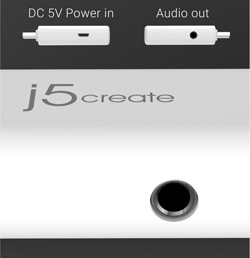 Panel 2 of a 3 panel image of the j5create JDA203 HDMI to VGA Adapter; DC 5V Power in, Audio out.