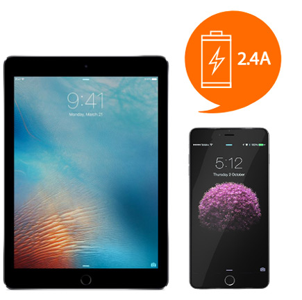 Tablet, iPhone and a graphic showing 2.4A