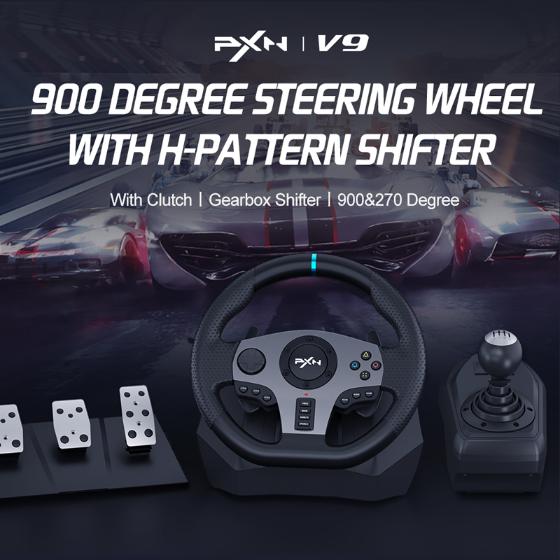 PXN V9 900 degree steering wheel with H pattern shifter. Clutch, gearbox shifter, 900 and 270 degree.