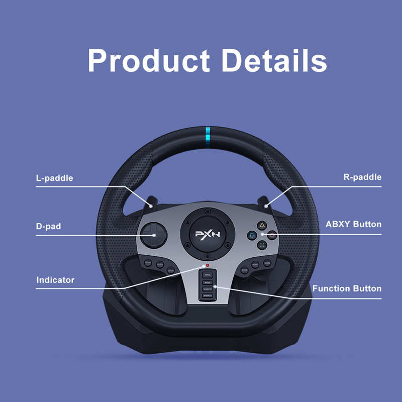 Diagram of steering wheel features L paddle, D pad, Indicator, R paddle, ABXY button, Function button.