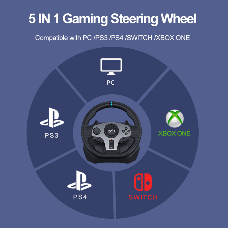 5 in 1 gaming steering wheel. Compatible with PC, PS3, PS4, Seitch, XBox One.