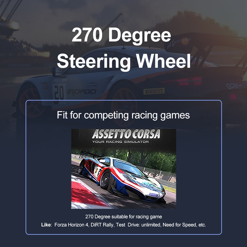 270 Degree steering wheel fit for competing racing games like Forza Horiaon 4, DiRT Rally, Test Drive unlimited, etc...