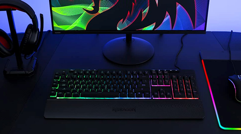 Lit keyboard shown as part of gaming system
