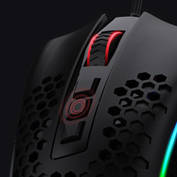 Closeup of Redragon M808 RGB Storm Honeycomb Gaming Mouse scroll and top buttons and 