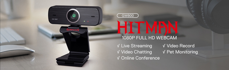Redragon GW800 Hitman 1080P Full HD Webcam. Live streaming, video chatting, online conference, video record, pet monitoring