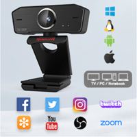 Redragon GW800 Hitman 1080P Full HD Webcam pictured with logos of supported software including Facebook, Twitter, YouTube and several more.