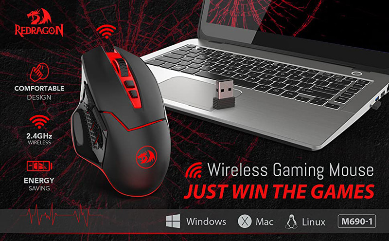 Redragon M690 Wireless Gaming Mouse. Just win the games. Comfortable design, 2.4GHz wireless, Energy saving. Windows, Mac, Linux.