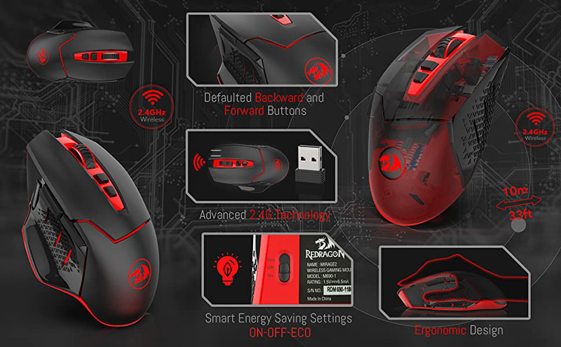 Redragon M690 Wireless Gaming Mouse with feature callouts defaulted backward and forward buttons, advanced 2.4G technology, smart energy savings settings, ergonomic design.