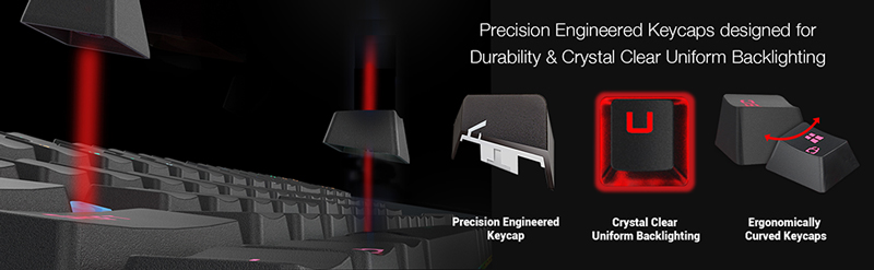 Outemu Blue key switches. Play brilliantly with the perfect keystroke design. Ultra durable; tested to 60 million keystrokes.