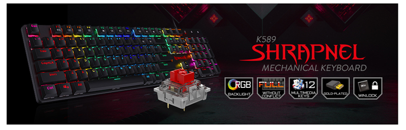 K589 Shrapnel Mechanical Keyboard. RGB Backlit, 12 multimedia keys, gold plated, Winlock