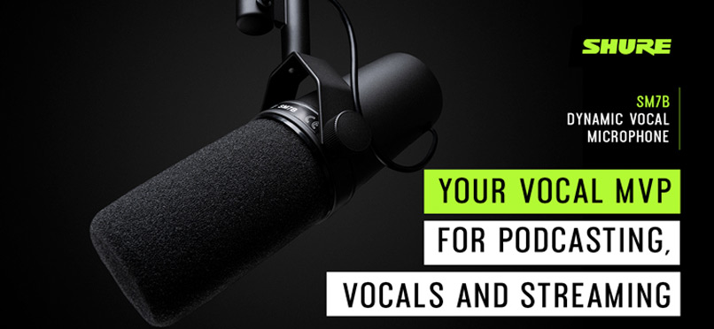Shure SM7B dynamic vocal microphone. Your vocal MVP for podcasting, vocals, and streaming