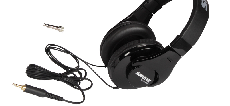 Close up of the Shure SRH240A Professional Quality Headphones with Padded Headband & Ear Cups with cable and connectors