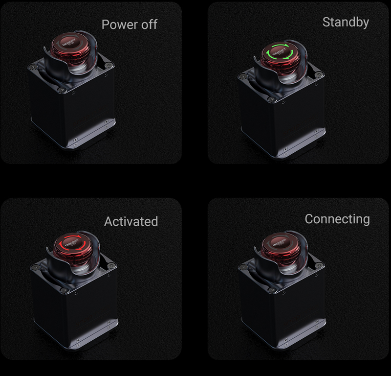 The Snapmaker 2.0 Emergency Stop button showing Power off, Standby, Activated, Connecting.