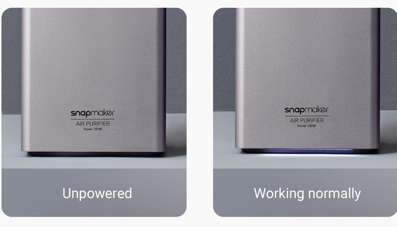 Closeup of the Snapmaker 2.0 Air Purifier LED strip showing unpowered and working normally.