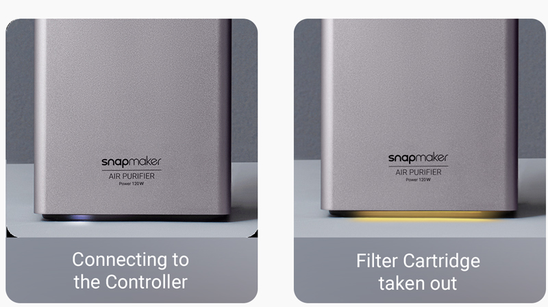 Closeup of the Snapmaker 2.0 Air Purifier LED strip showing connecting to the controller and the filter cartridge taken out.
